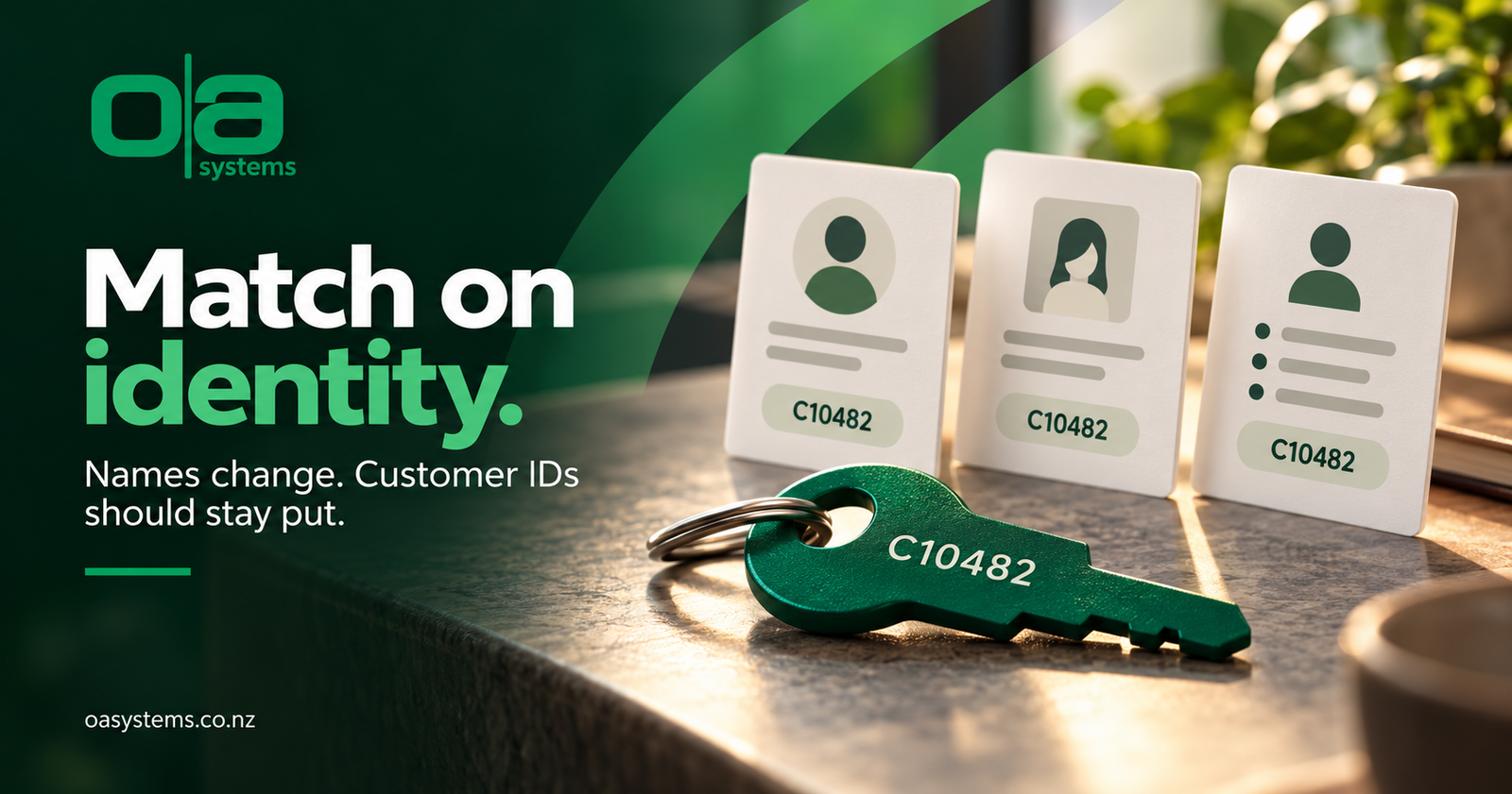 Customer cards share the stable identifier C10482 beside a green identity key.