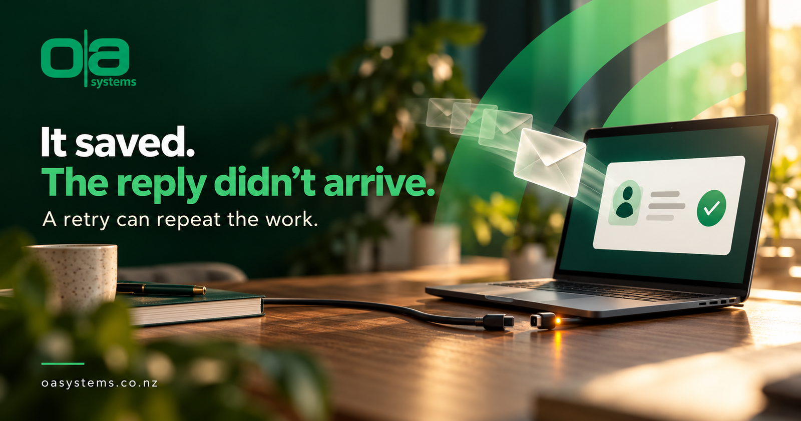 A saved customer card and a repeated incoming request illustrate a retry after the reply fails to arrive.
